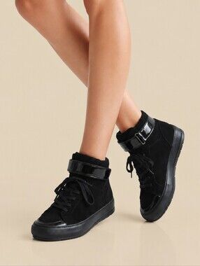 Women’s Black High-Top Lace-Up Sneakers with Glossy Ankle Strap